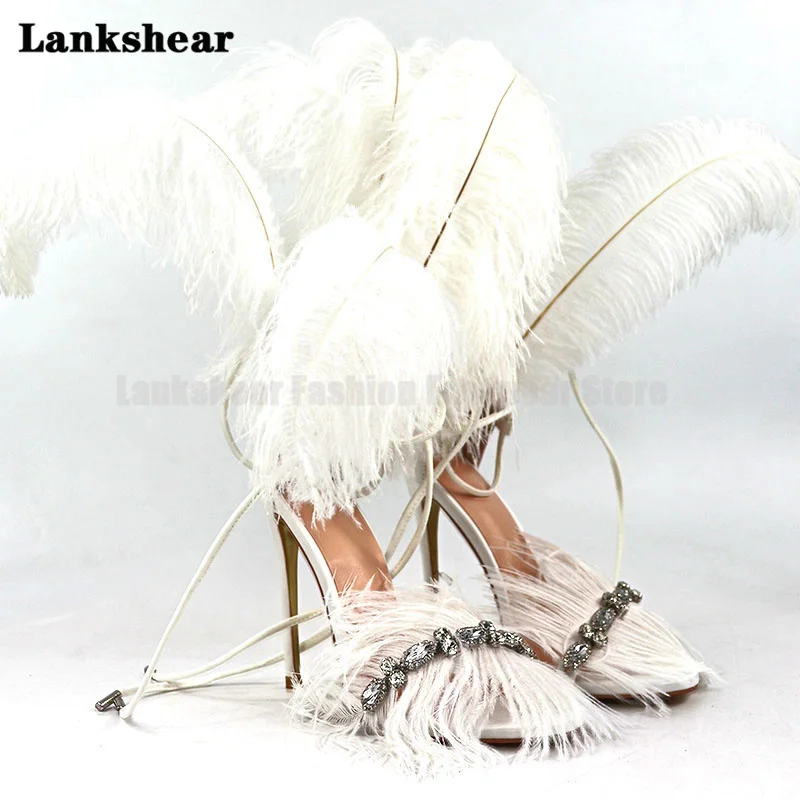 

Rhinestone Ankle Strap Super High Stiletto Beautiful Feather Shoes Fashion Open Toe Nightclub Catwalk Sandals Women High Heel