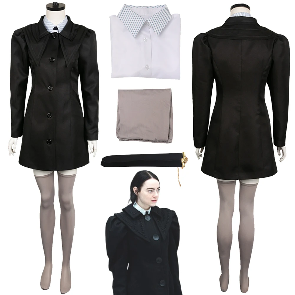 

Belle Baxter Cosplay Black Jacket Coat Costume 2023 Movie Poor Things Outfits Adult Women Roleplay Disguise Fantasia Suits