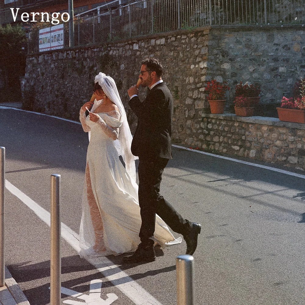 

Verngo Elegant lvory Wedding Dress Off The Shoulder A Line Side Slit Bridal Gowns Women Celebrity Bride Dresses Customized
