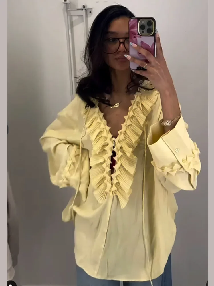 Women Casual Solid Ruffles Full Sleeve Chiffon Shirt Loose V Neck Long Sleeves Street Blouses 2025 Spring Summer Holiday Tops