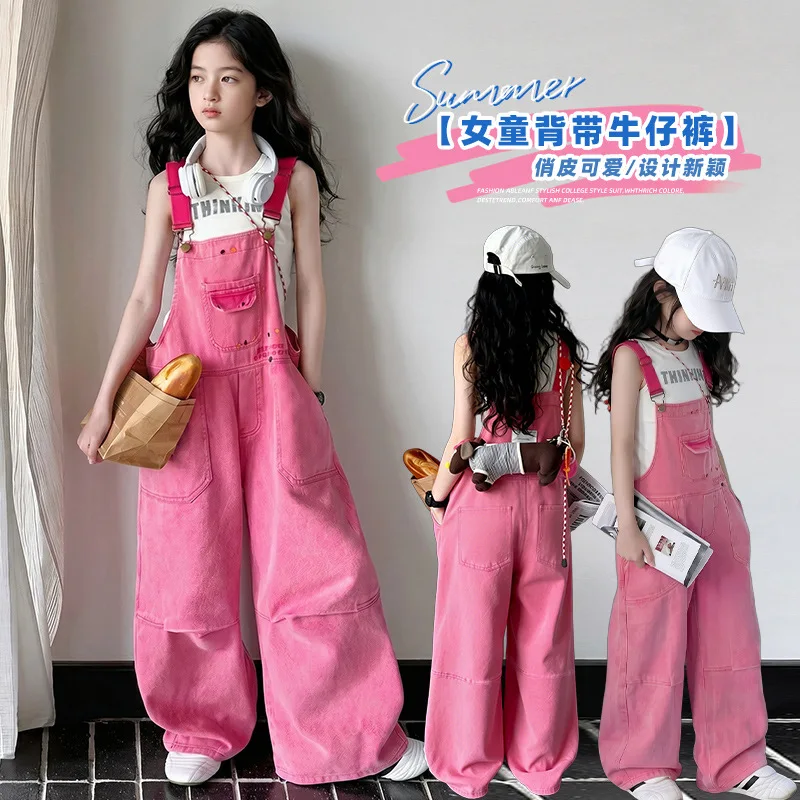 Elegant Kids Pink Denim Dungarees Bib Jeans for Teens Girl Casual Suspender Jumpsuit Child Fashion Pants Overalls Trousers