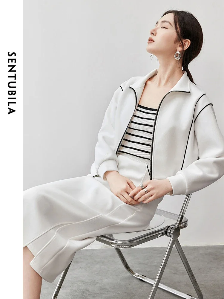 

SENTUBILA Women White Knit Skirt Set Spring Fashion Spliced Stand Neck Coat Straight Elastic Waist Skirt Sporty Set 143Z55719