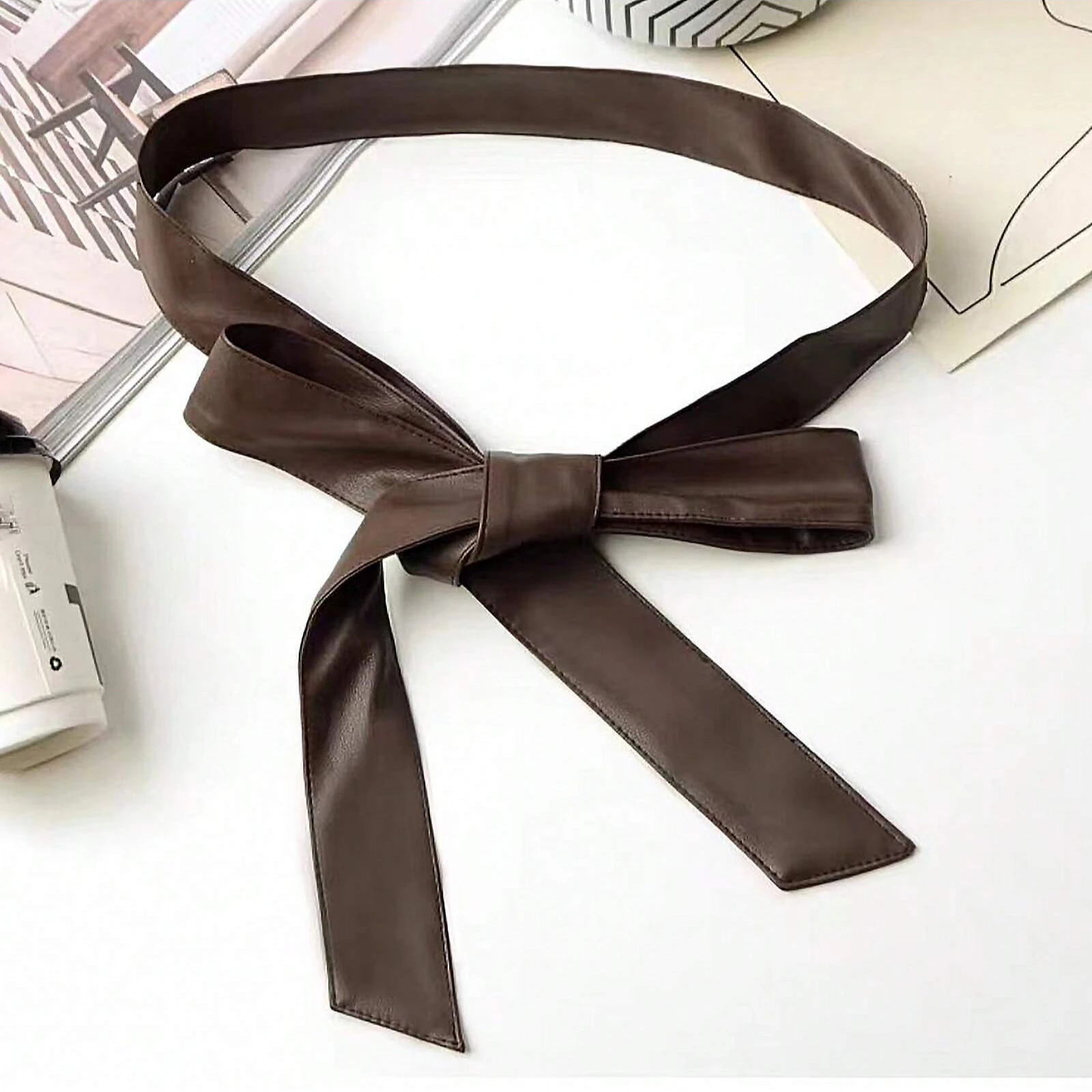 Double-layer Knotted Simple Waist Belt Free Bow Tie Casual PU Leather Belt Waistband for Daily Life