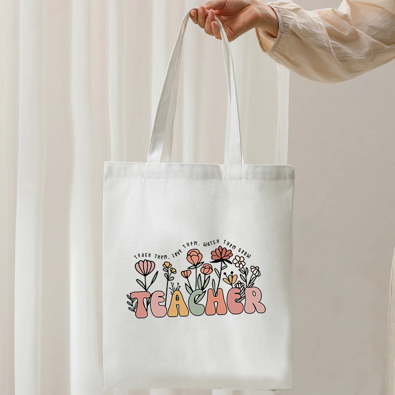 Teach Them Love Them Watch Them Grow Flower Pattern Tote Bag for Women Canvas Shopping Bags Back to School Foldable Handbag