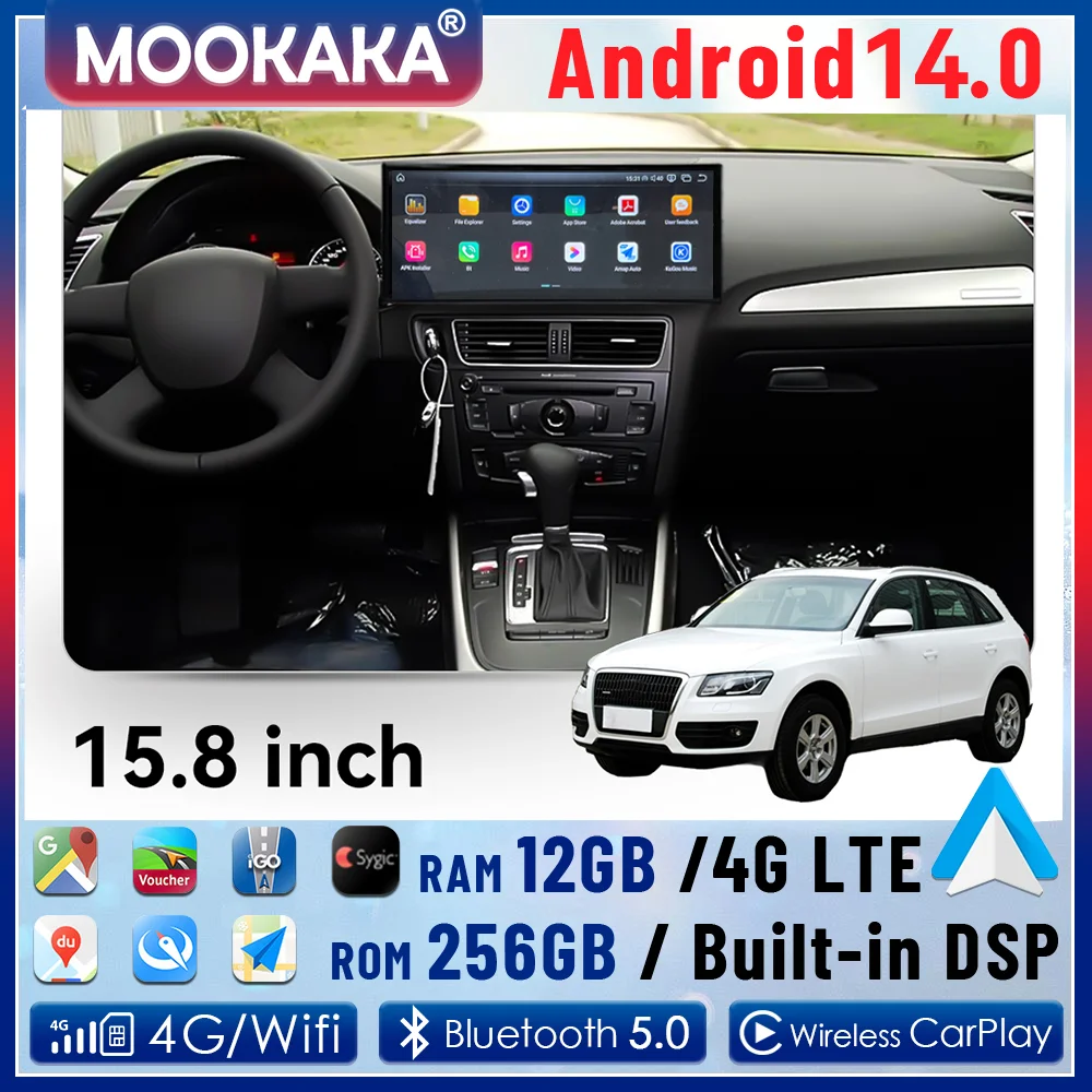 

Android 14 Авто GPS-навигация Carplay 15,8-дюймовый экран для Audi Q5 2009-2017 Автомобильный радиоприемник Стерео Мультимедийный плеер Головное устройство DSP