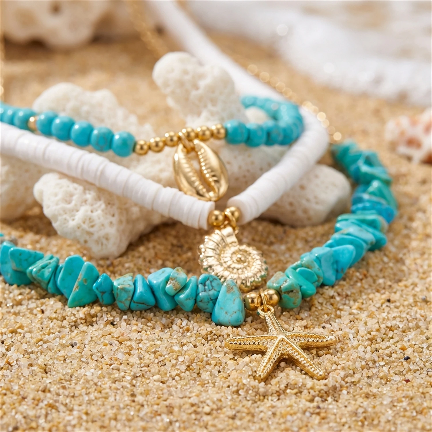 3-teiliges Set Bunte Unregelmäßige Kieselstein-Seestern-Anhänger Halsketten für Frauen Mehrschichtige Muschel-Halsketten Sommer-Strandschmuck – Detail 3