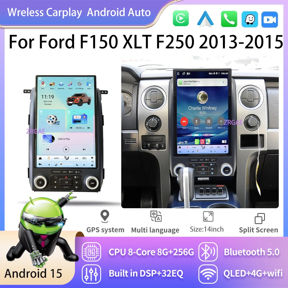 14-дюймовая автомагнитола Android 15 для Ford F150 XLT F250 с GPS-навигацией, мультимедийным стерео-видеоплеером, беспроводным CarPlay и Bluetooth