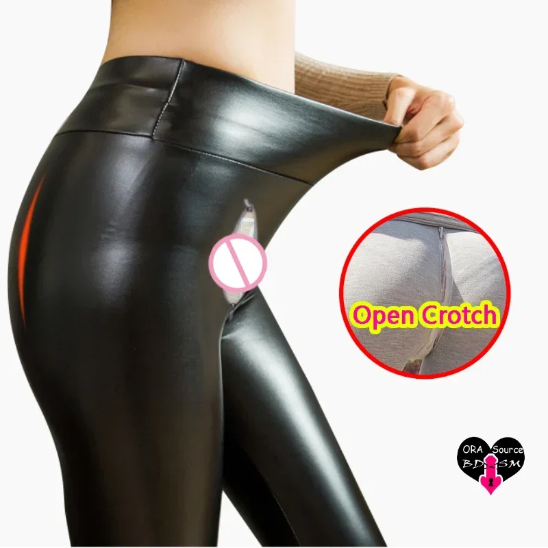 Woman PU Open Crotch Leggings Pants Winter Fleece Fashion Thick Pant Outdoor Sport Underpants Tight Fitness Panties Costume