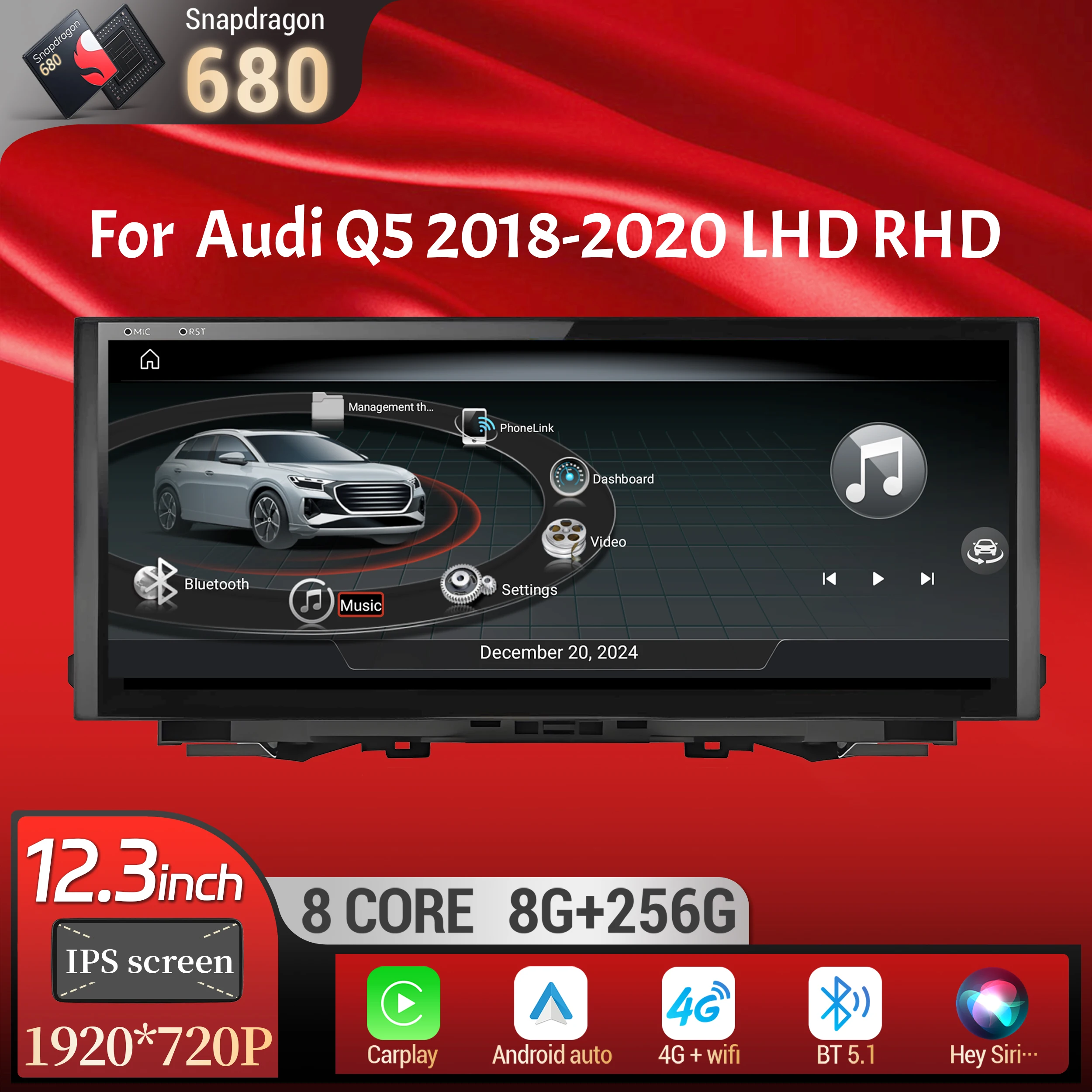 12.3 inch Android 14 Car Radio For Audi Q5 2018-2020 Wireless BT Carplay Qualcomm Snapdragon 680 System Head Unit Touch Screen