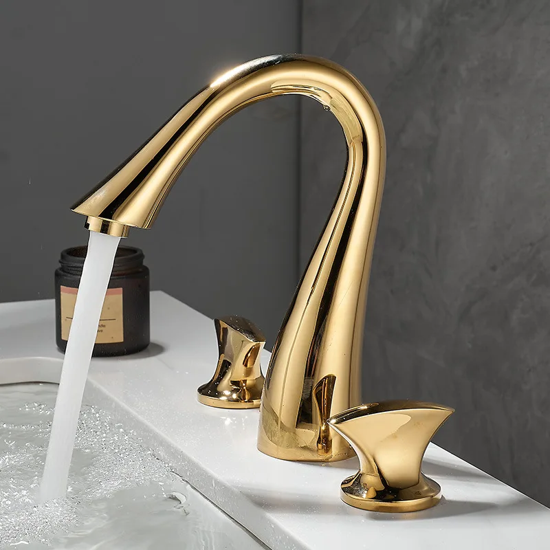 Luxury-luxurious gold-colored brass basin with three-hole cold and hot water faucet, split unit set of three pieces
