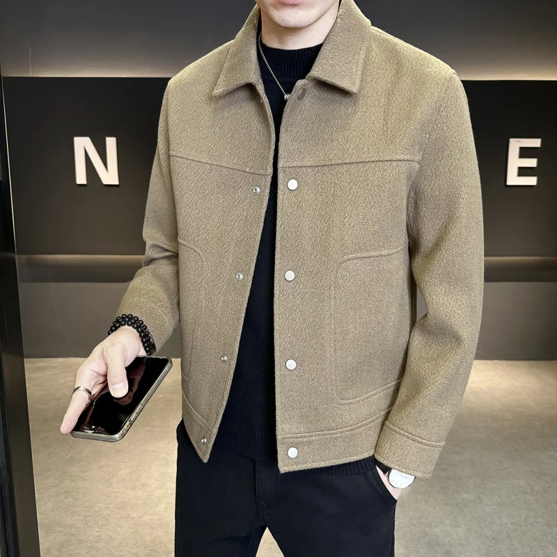 

Slim Fit Men's Woolen Jaet ort Collarl Coat Autumn Faion Trend Polyester Fiber Cosite Fabric Casual ort Sve