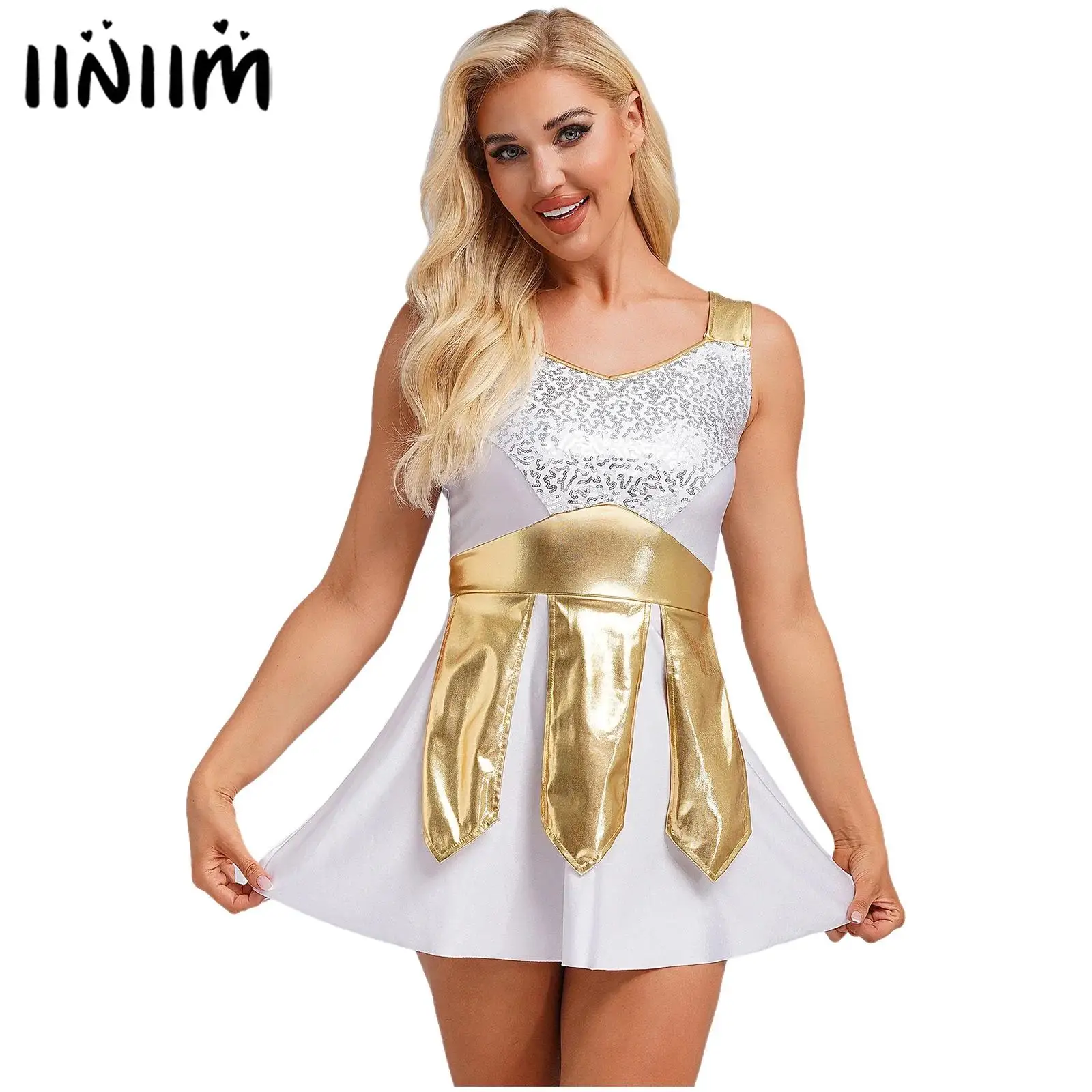 

Women Halloween Ancent Greek Grecian Warrior Cosplay Costume Sleeveless Sparkle Sequins Dress Halloween Dress Up Party Costume