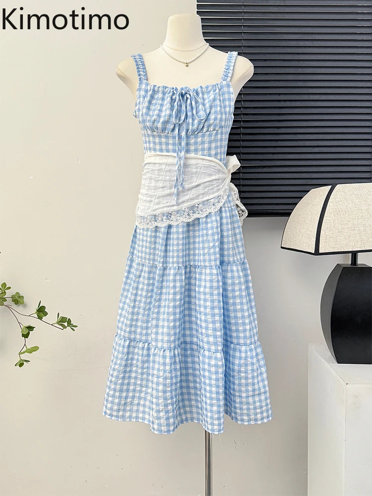 Kimotimo Sweet Plaid Spaghetti Strap Beach Dress Women Summer Fairy Vacation Style Lace Up Waisted A Line Long Dresses Vintage