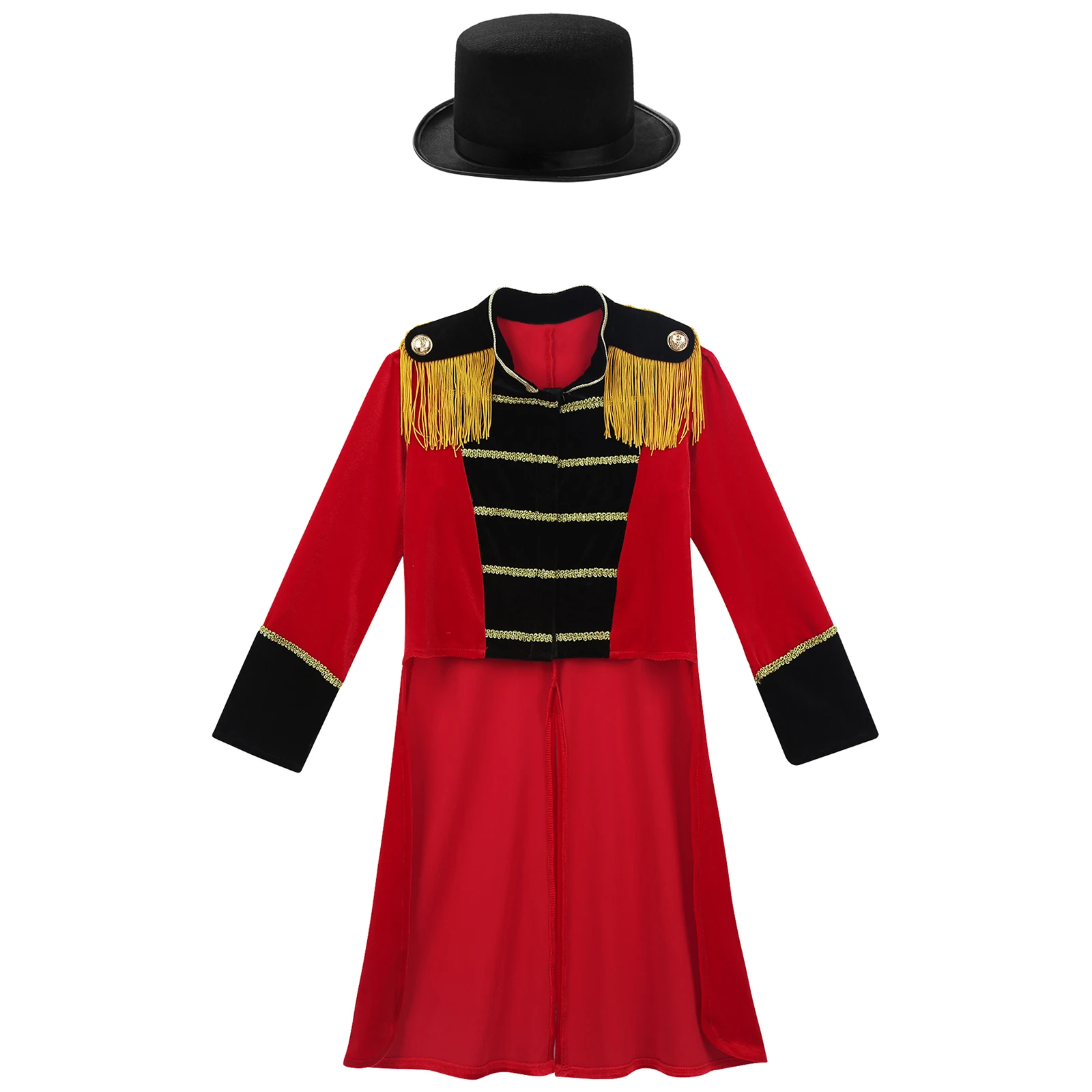 Boy Circus Ringmaster Cosplay Costume Halloween Theme Party Magician Dress Up Coat Long Sleeve Tassel Tailcoat with Felt Hat