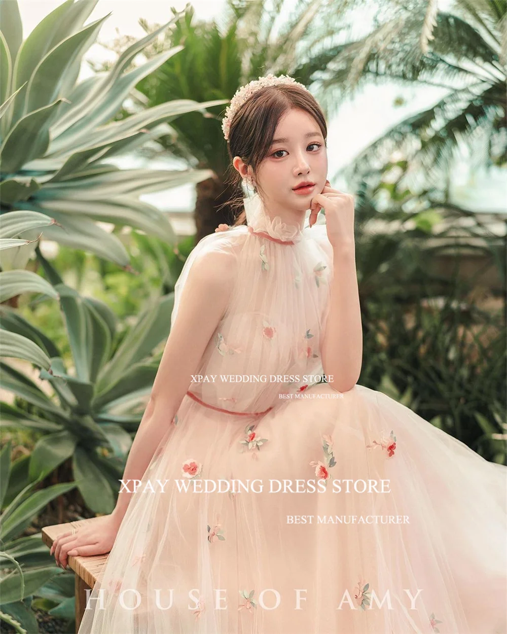 XPAY Halter Neck Korea Evening Dresses Rose Flowers Lace Women Wedding Photo Shoot Prom Gown Pleats Short Sleeves Playing Dress