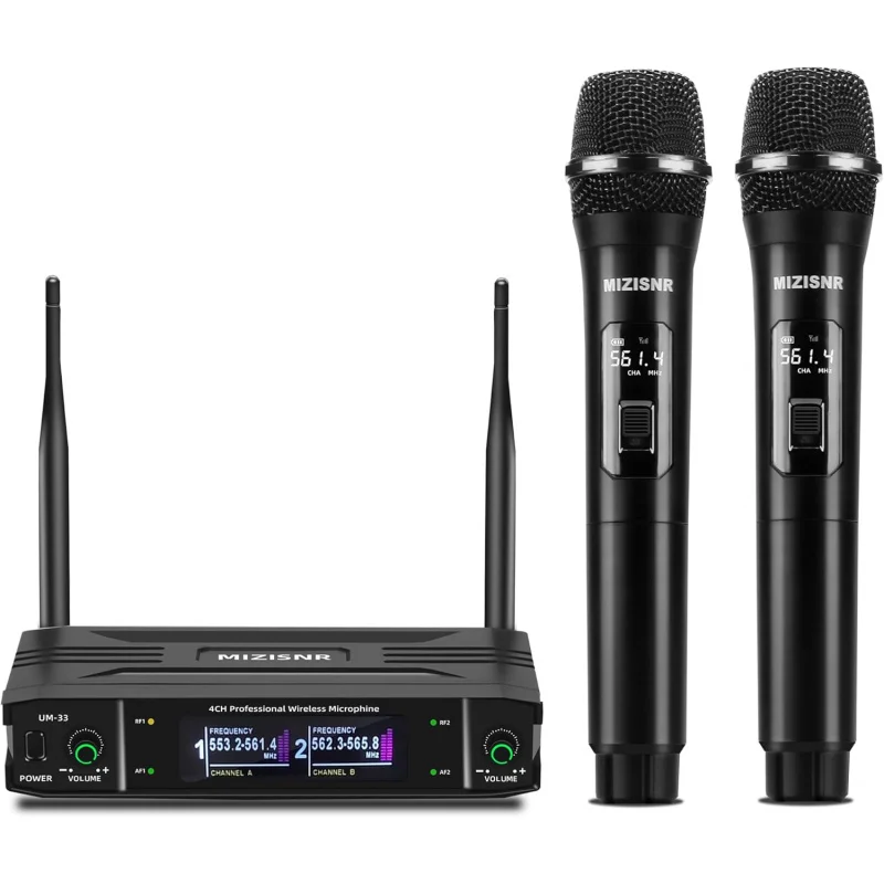 

Беспроводные UHF-микрофонные системы: Двойной беспроводной ручной динамический микрофон для караоке с автоматическим подключением, радиус передачи 300 футов