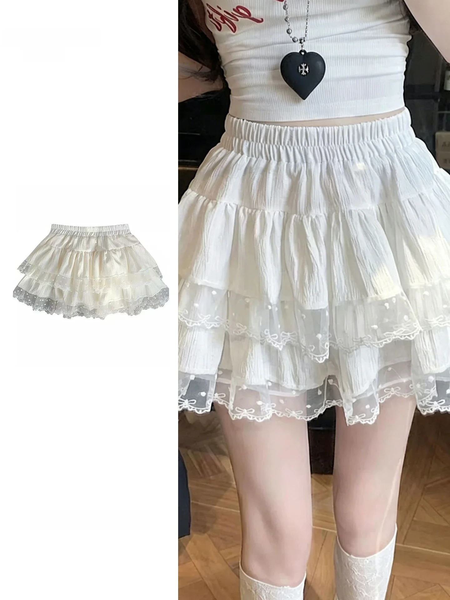 High Waist Lace Trim Half Skirt Cake Style Women's Summer New Fashion Anti-Light Puffy Short Skirt Casual Leisure Skirt