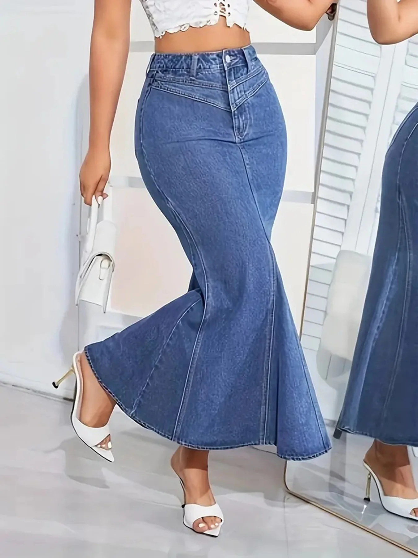 Ladies Retro Fashion Denim Fishtail Skirt, Slim Fit, Mid-Waist, Elastic, Stylish Denim Half Skirt - Image 3