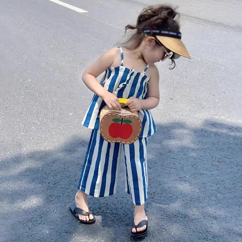 Summer Kids Baby Girls 2Pcs Fashion Clothes Set Striped Camisole Tops Nine-point Wide Leg Pants Outfits