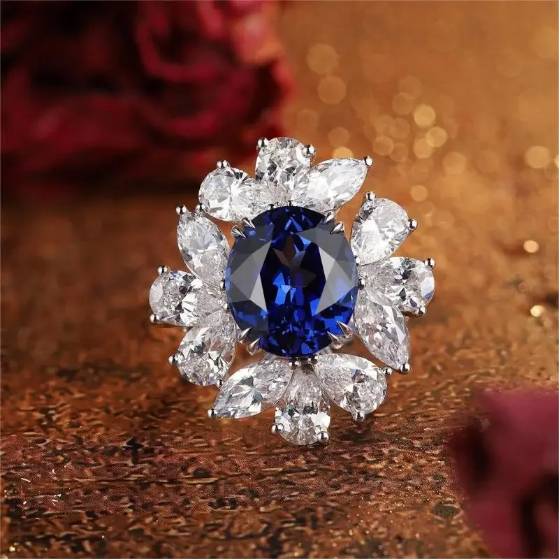 Anéis de safira azul ruif para mulheres, aliança de casamento, forma oval, pedra preciosa, prata 925, 8.43ct, 2019