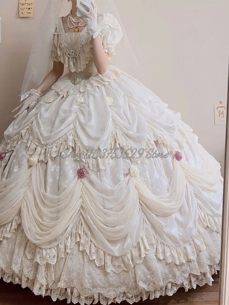 Elegant Pure White Victorian Wedding Dress Fantasy Lolita Corset Short Sleeve Floral Embroidery Pleated Lace Vestidos De Festa