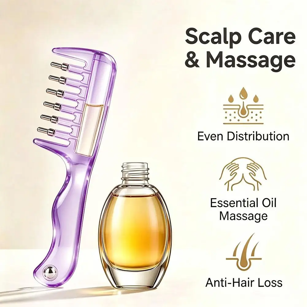 Pente massageador com aplicador de óleo para o couro cabeludo, pincel recarregável para sérum capilar com pontas esféricas para óleos essenciais, tratamento das raízes e do cabelo.