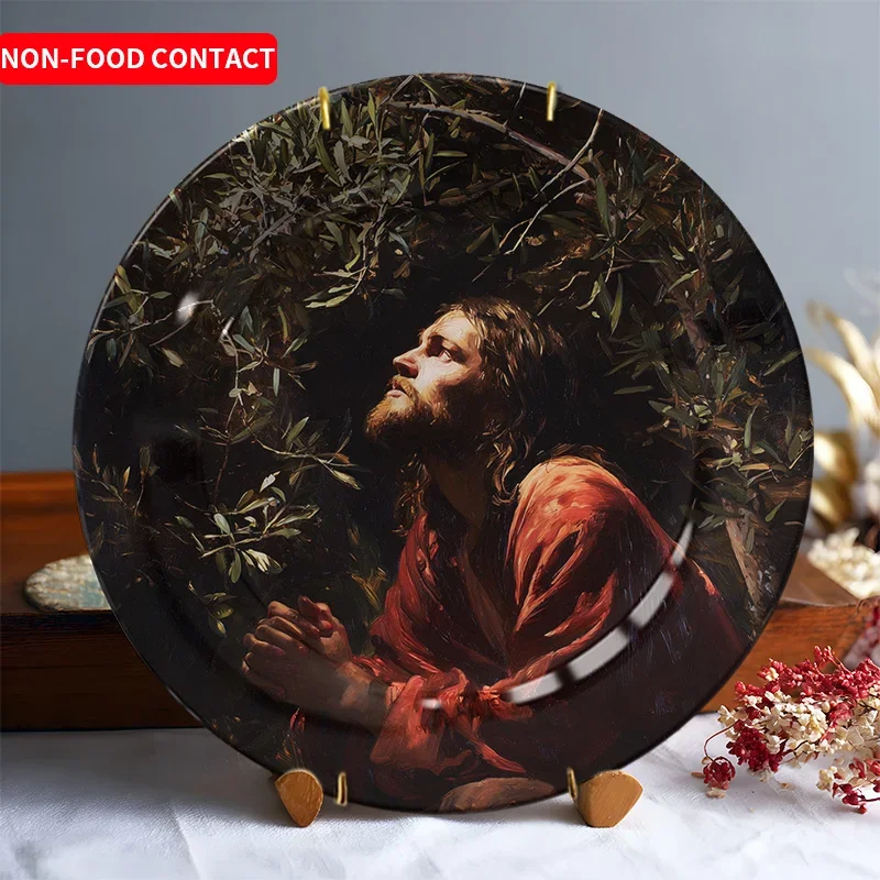 1pcOriental Zen Ceramic Decorative Plate Red Robe Monk Kneeling Under Tree Art Wall Hanging Home Decor Non Food ContactPerfect