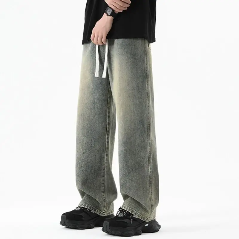 새로운 한국 남성 캐주얼 롱 청바지 클래식 남성 스트레이트 레그 데님 와이드 레그 팬츠 솔리드 컬러 AMI AMORING 블랙 라이트 블루