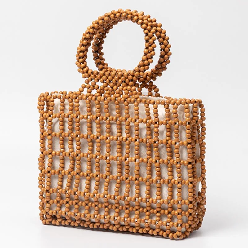 

New Wooden Bead Handmade Woven Handbag for Women Casual Vacation Solid Color Openwork Beaded Tote Bag