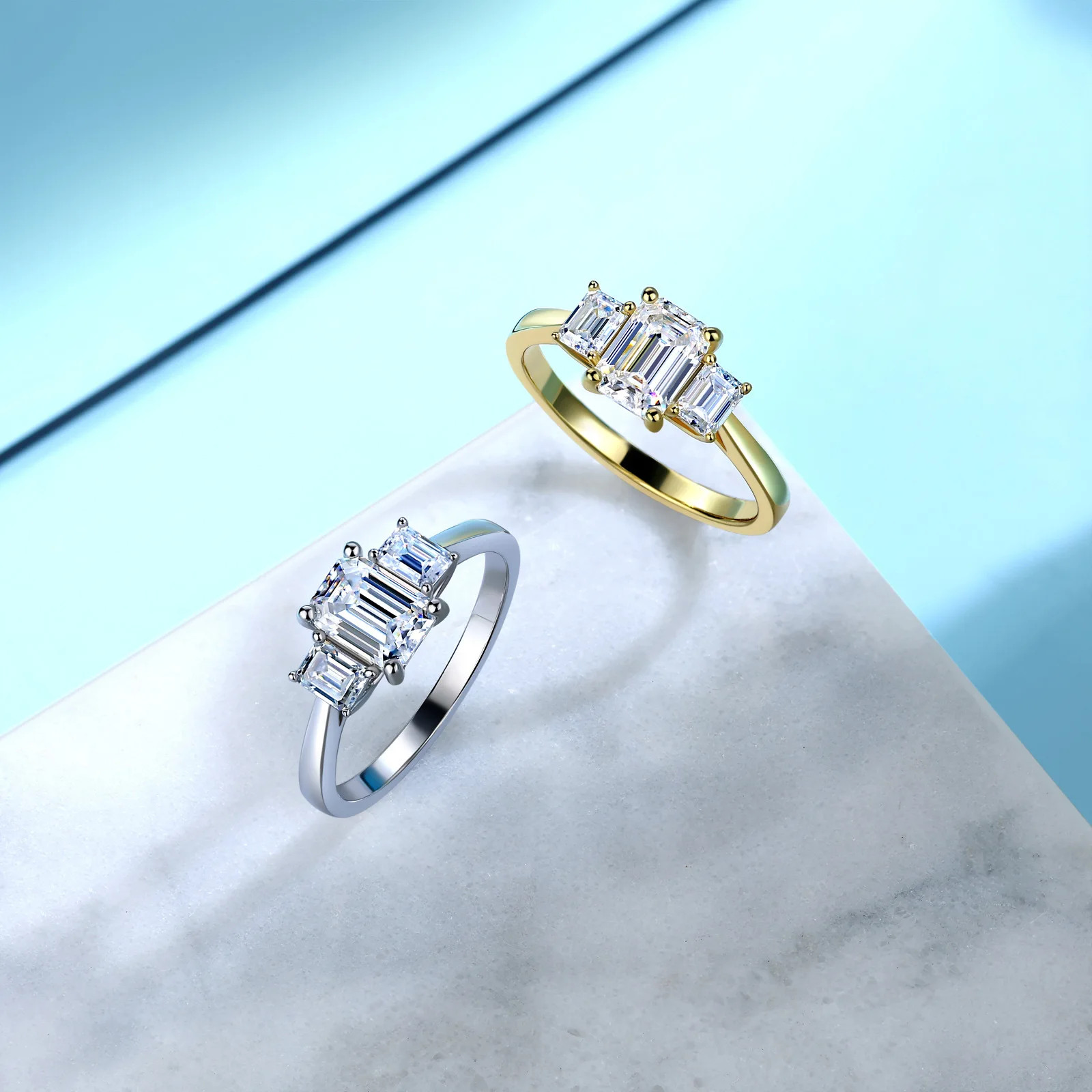 S925 Sterling Silver 18K Gold-Plated Emerald-Cut Moissanite Three-Stone Women's Wedding Ring jewelry (1.6ct) Free Shipping
