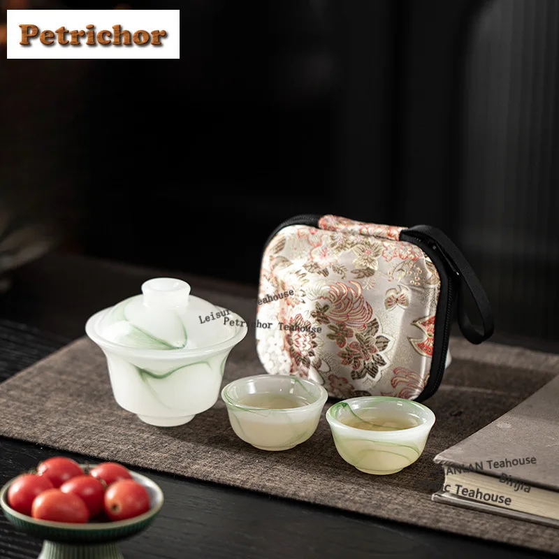 

Традиционный белый нефритовый дорожный чайный сервиз из лазурного камня, эстетический 1 горшок, 2 чашки, органайзер для приготовления чая, портативная сумка для кемпинга, ремесло