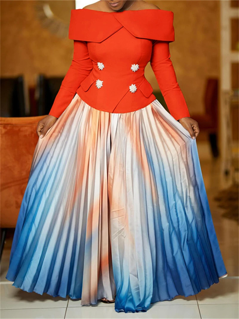 

Fashion 2 Piece Sets Women Outfit Spring Clothing Women Slash Neck Top Gradient Pleated Skirt Sets OL Style Two Piece Dress Sets
