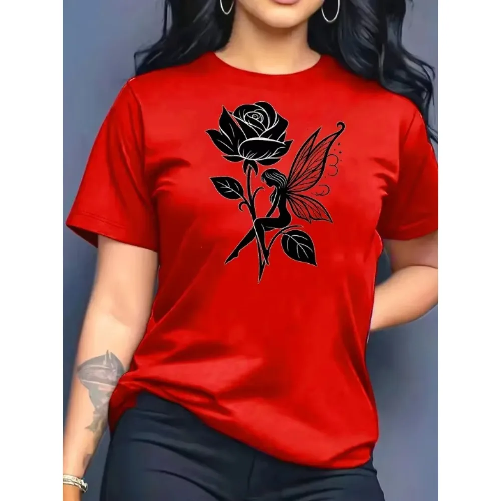 Pure Cotton Breathable Children's T-shirt 2026 Summer Retro Rose Elf Print Casual Parent-child Outfit for Boys and Girls