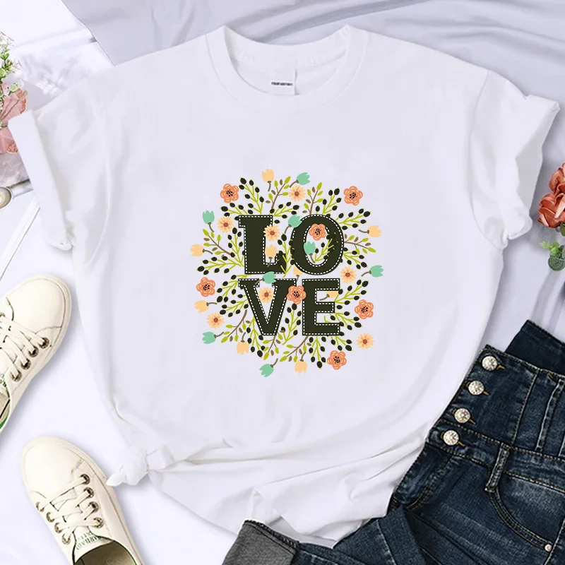 Luxury Love Flower For Women's High-Quality Summer Printing T-shirt 100% Cotton Casual Oversized Y2k Personality Sleeve O-neck