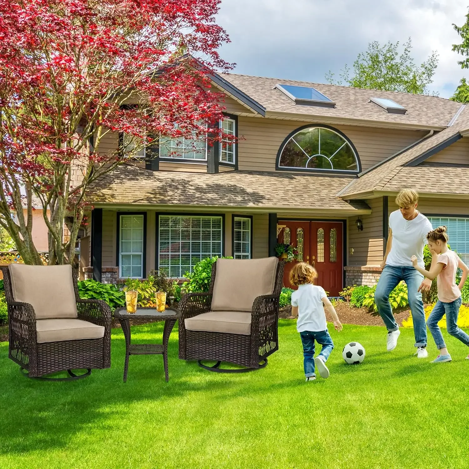 3 Pieces Outdoor Wicker Swivel Rocker Patio Set, IDEALHOUSE 360 Degree Swivel Rocking Chairs Elegant Wicker Patio Bistro Set