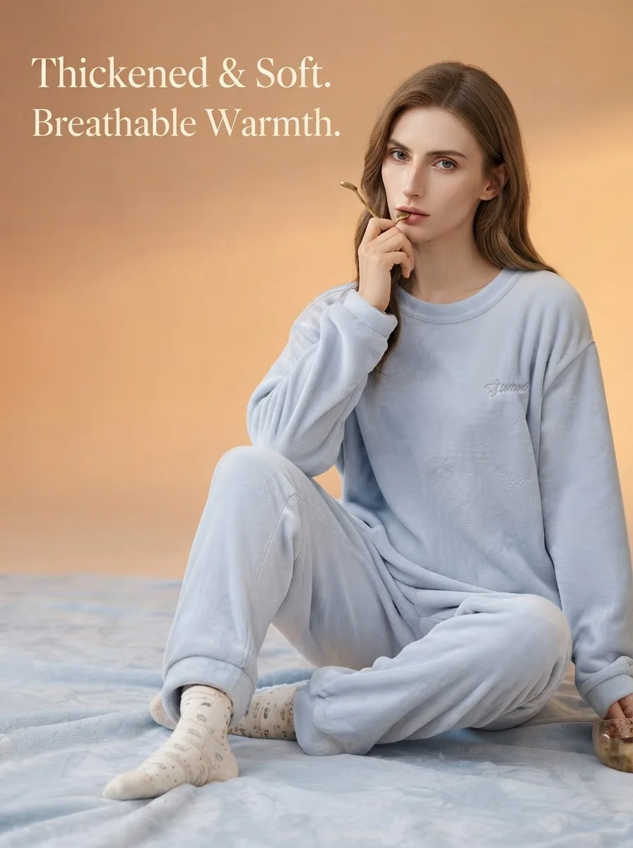 Women's pajamas with fleece lining, thickened, long-sleeved, can be worn outside, soft flannel, skin-friendly women's home wear