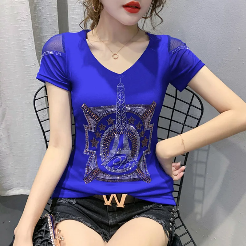 #5123 Black Blue Mesh T Shirt Women Diamonds Sexy Tight T-shirt Women Hollow Out See Through T Shirt Female V Neck Summer Tops