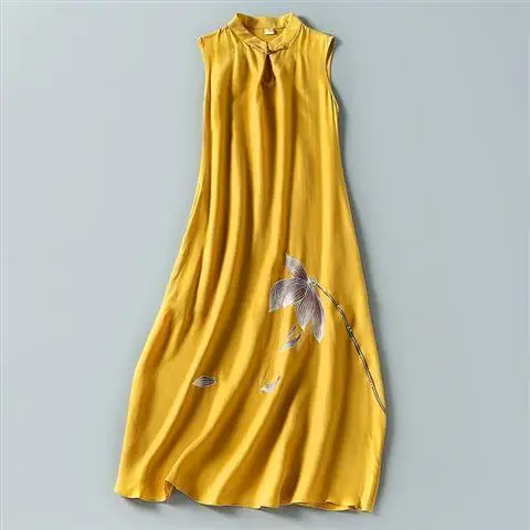 Chinese Style Sleeveless Vest Dress Women Modern Improve Qipao Eleganti Long Yellow Black Printing Summer Vintage Female Dresses