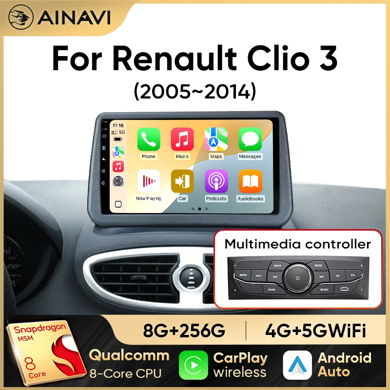 Ainavi Car Radio for Renault Clio 3 2005-2014 Wireless CarPlay Android Auto 4G Multimedia Player Navigation GPS 2din Autoradio