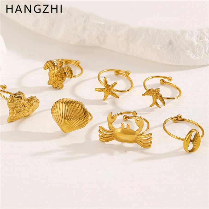 Кольца HangZhi с морскими звездами, морскими животными, морскими черепашками из нержавеющей стали, регулируемые летние ювелирные изделия золотого цвета для женщин и девушек