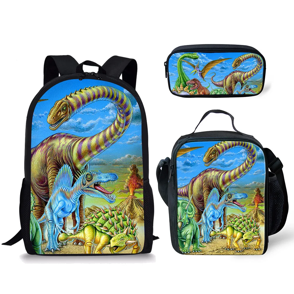 Trendy Novelty Classic Herbivorous Dinosaur 3D Print 3pcs/Set pupil School Bags Laptop Daypack Backpack Lunch bag Pencil Case
