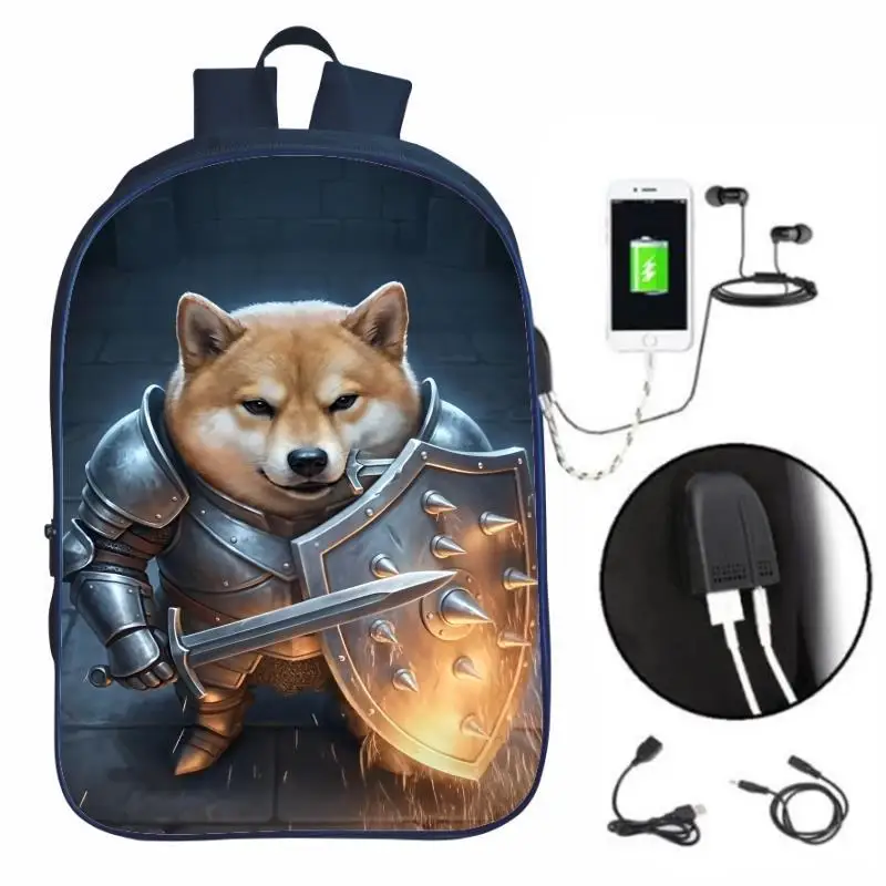 16inch What The Dog Doing Students Backpack My Knife Shield Dog Student Bookbag With USB Charging  Backpack For Kids Schoolbag