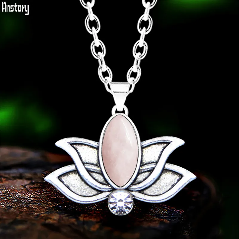 Vintage Natural Quartz Lotus Necklace For Women Antqiue Silver Plated Flower Pendant Eye Shape Stone Jewelry