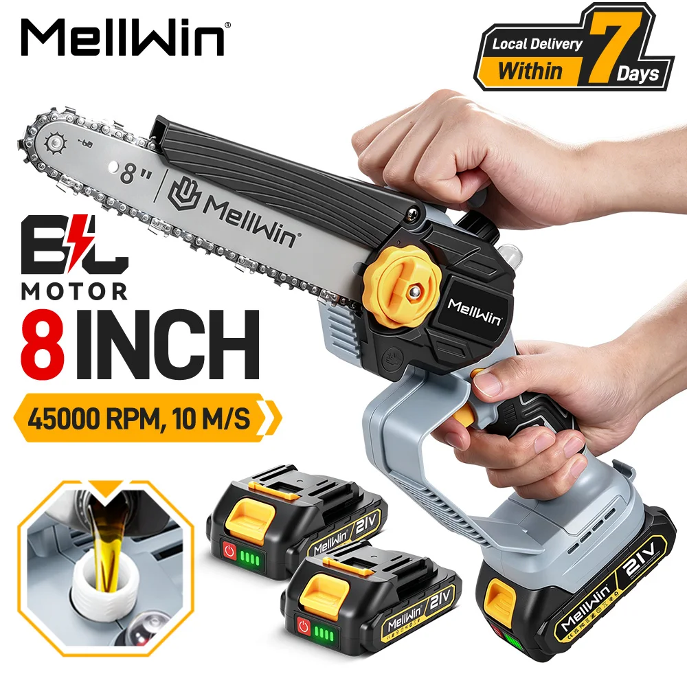 MELLWIN 8 Zoll Bürstenlose Elektrische Kettensäge 4500W Garten-Holzschneide- und Beschneidungssäge 30cm Schnittlänge Elektrowerkzeug für Makita 18V Akku
