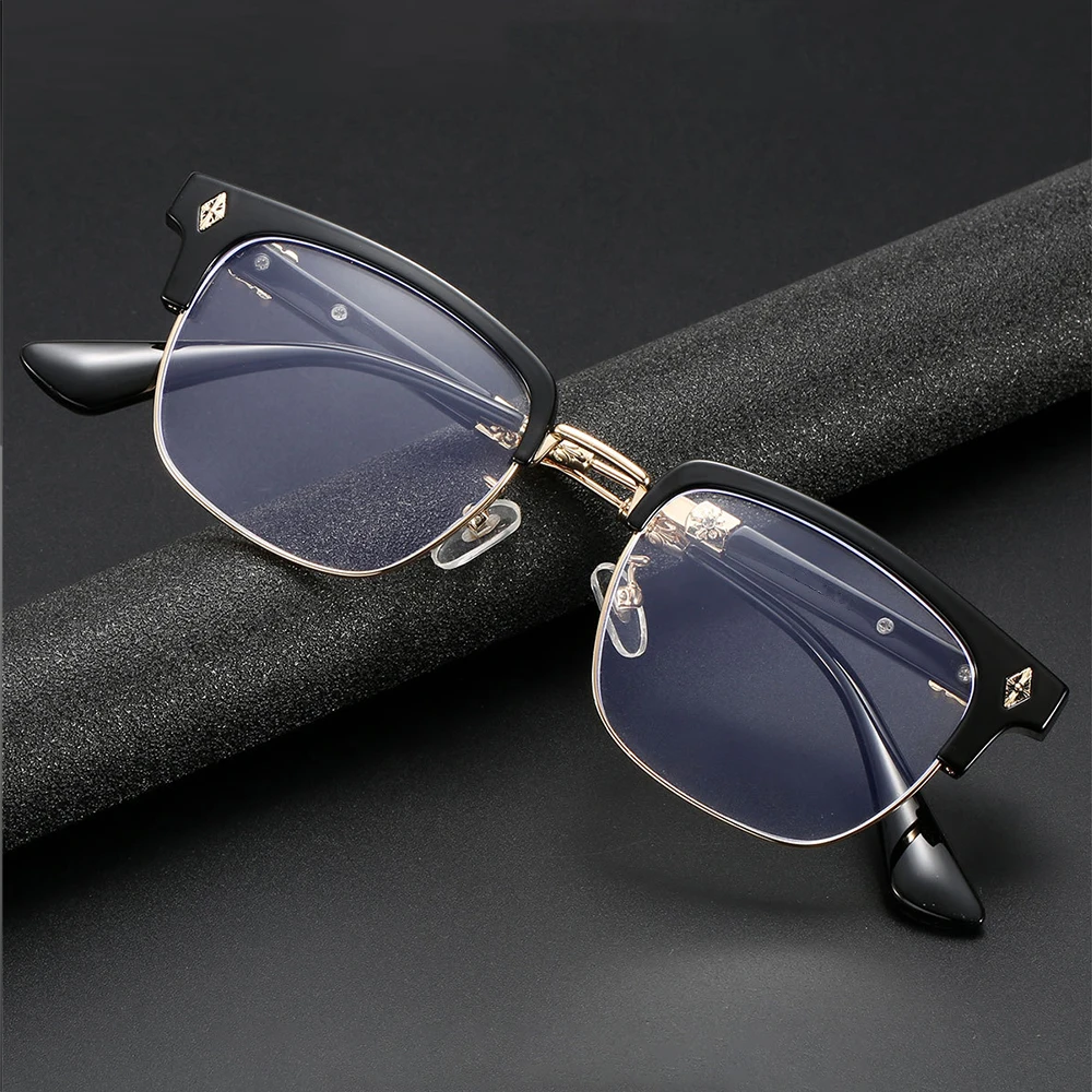 Vintage Cross Carving Glasses Men Women Luxury Half Frame Anti Blue Light Eyeglasses Retro Square Computer Eyewear