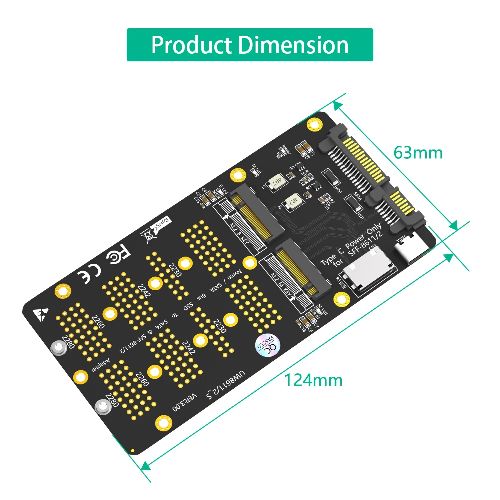 TISHRIC M2 NGFF B-Key M-Key To SFF-8611/8612 SATA Adapter Card 2 in 1 M.2 SSD SATA-Bus NVME Protocol For M2 2230 2242 2260 2280