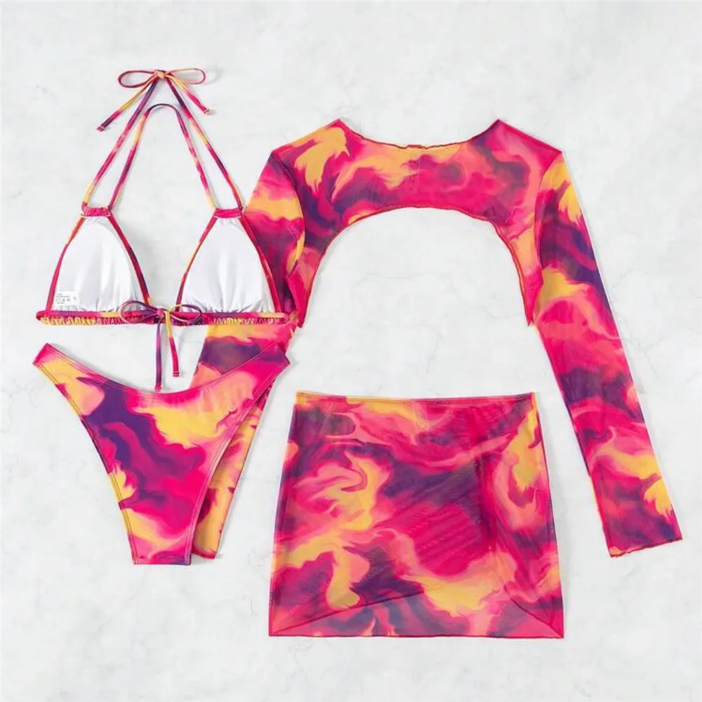 Red Tie Dye Print Bademode Neckholder String Dreieck 4-teiliges Bikini-Set Langarm Smock Cover Up Sexy Badeanzug Damen 2025 Bikinis