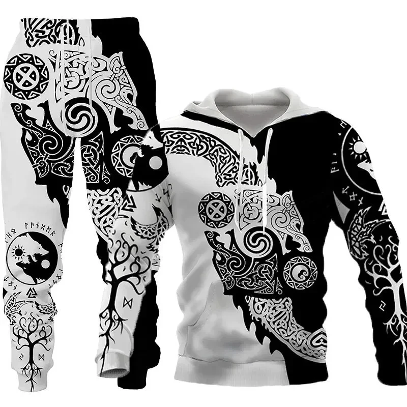 Conjunto de chándal informal para hombre y mujer, traje de 2 piezas con estampado 3D de tatuaje de tótem de Lobo, Sudadera con capucha y pantalones,