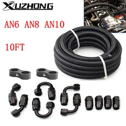 10FT AN6 AN8 AN10 Oil Fuel Fittings Hose End 0+45+90+180 Degree Oil Adaptor Kit Braided Oil Fuel Hose Line 3M Black With Clamps