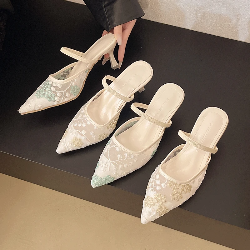 

Pointed Toe One Strap Wrapped Heel Half Slippers Women's Outside Wear Summer Explosive Mesh High Heel Sandals